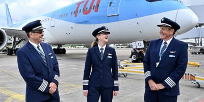 TUI family flight! From left: Tom Brewis, Hayley and Henry. Photo: TUI